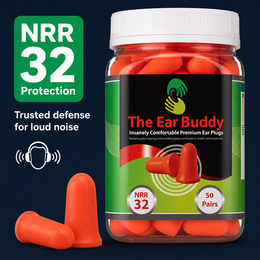 The Ear Buddy Premium Soft Foam Ear Plugs, Noise Cancelling Earplugs for Sleeping, Hearing Protection for Concerts, Work, Shooting & Travel, Noise Reduction Rating 32 Decibels, 50 Pairs