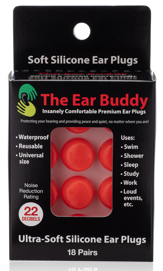 The Ear Buddy Soft Silicone Ear Plugs - Moldable and Reusable Noise Reduction Earplugs for Sleeping, Work, Study, Concerts and Travel - Waterproof for Swimming - 18 Pairs - NRR 22 Decibels